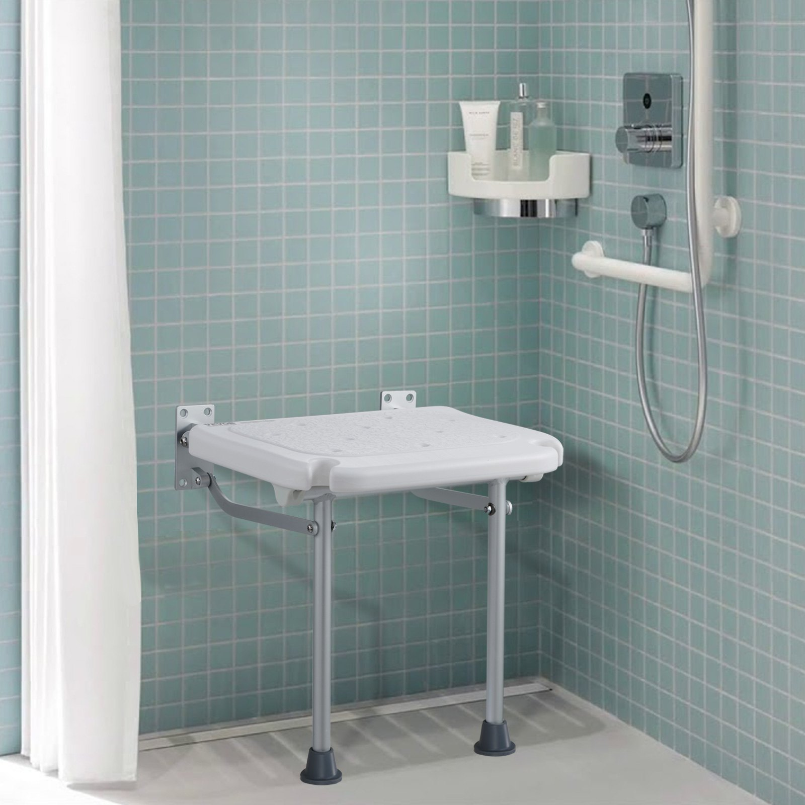 VEVOR Folding PE Shower Seat 15.7'' x 14.8'' Wall Mounted Shower Bench 500 lbs