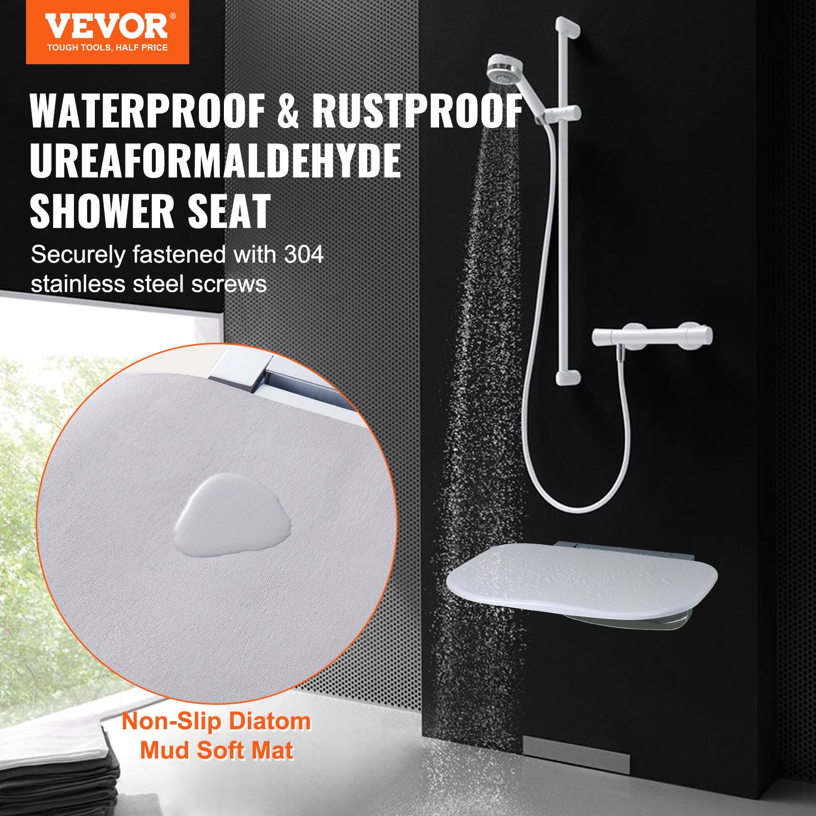 VEVOR Folding Shower Seat 13.6"/34.5 cm x 12.8"/32.5 cm Wall Mounted Shower Bench 450 lbs/204.1 kg