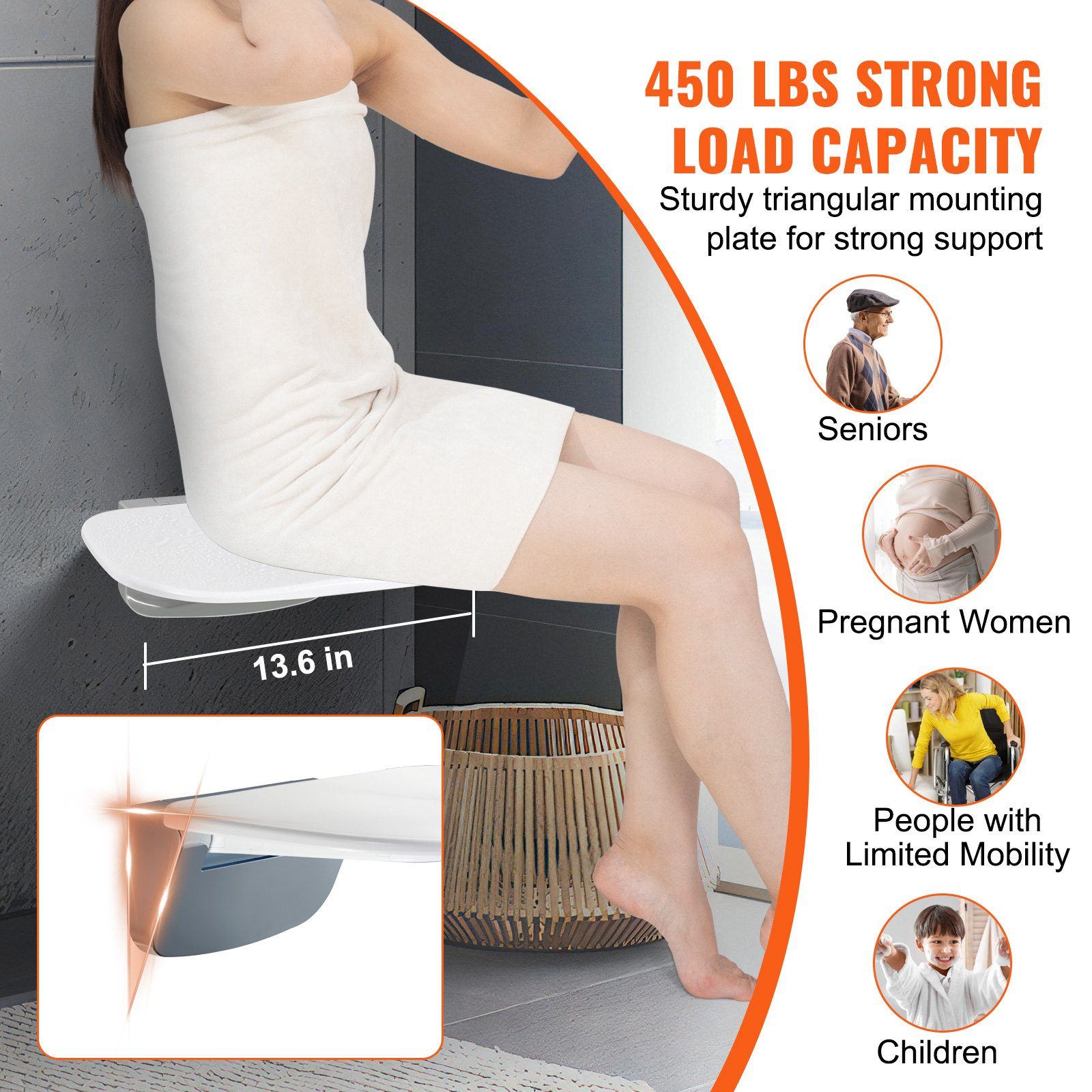 VEVOR Folding Shower Seat 13.6"/34.5 cm x 12.8"/32.5 cm Wall Mounted Shower Bench 450 lbs/204.1 kg