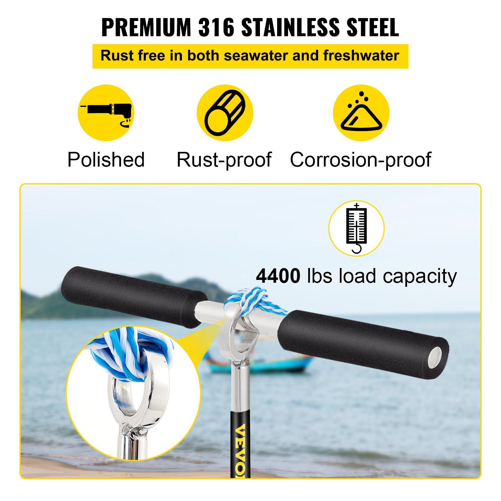 VEVOR Sand Anchor, 36" Length Auger to The Beach and Sandbar, 316 Stainless Steel Screw Anchor with Removable Handle, Bungee Line & Carry Bag, for Jet Ski PWC Pontoon Kayak