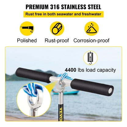 VEVOR Sand Anchor, 36" Length Auger to The Beach and Sandbar, 316 Stainless Steel Screw Anchor with Removable Handle, Bungee Line & Carry Bag, for Jet Ski PWC Pontoon Kayak
