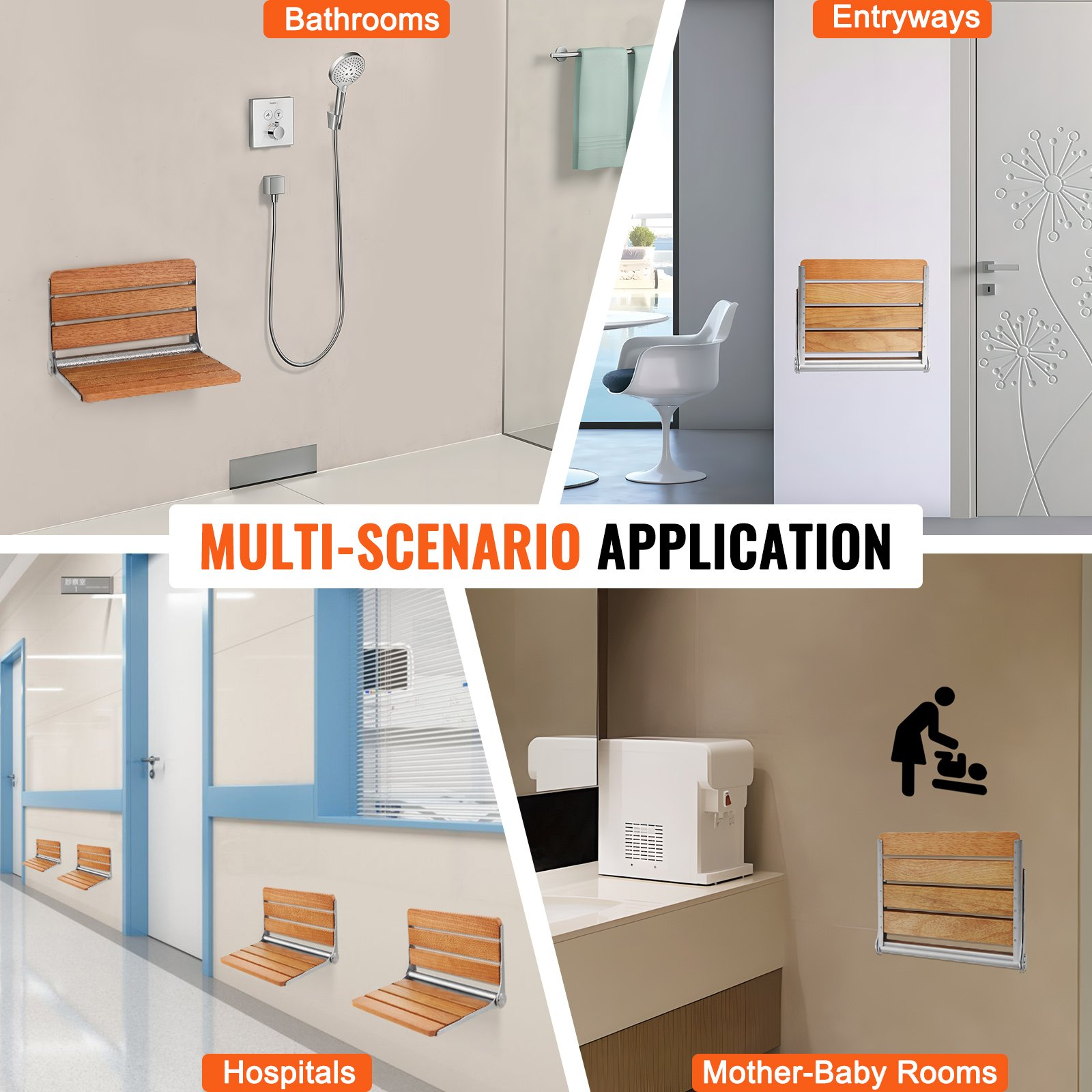 VEVOR Folding Oak Shower Seat 16.1"/40.9 cm x 13.4"/34 cm Wall Mounted Shower Bench 440 lbs/199.6 kg