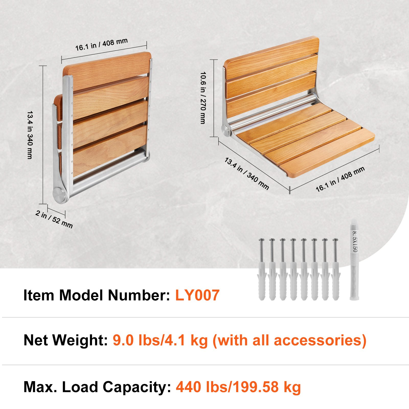 VEVOR Folding Oak Shower Seat 16.1"/40.9 cm x 13.4"/34 cm Wall Mounted Shower Bench 440 lbs/199.6 kg