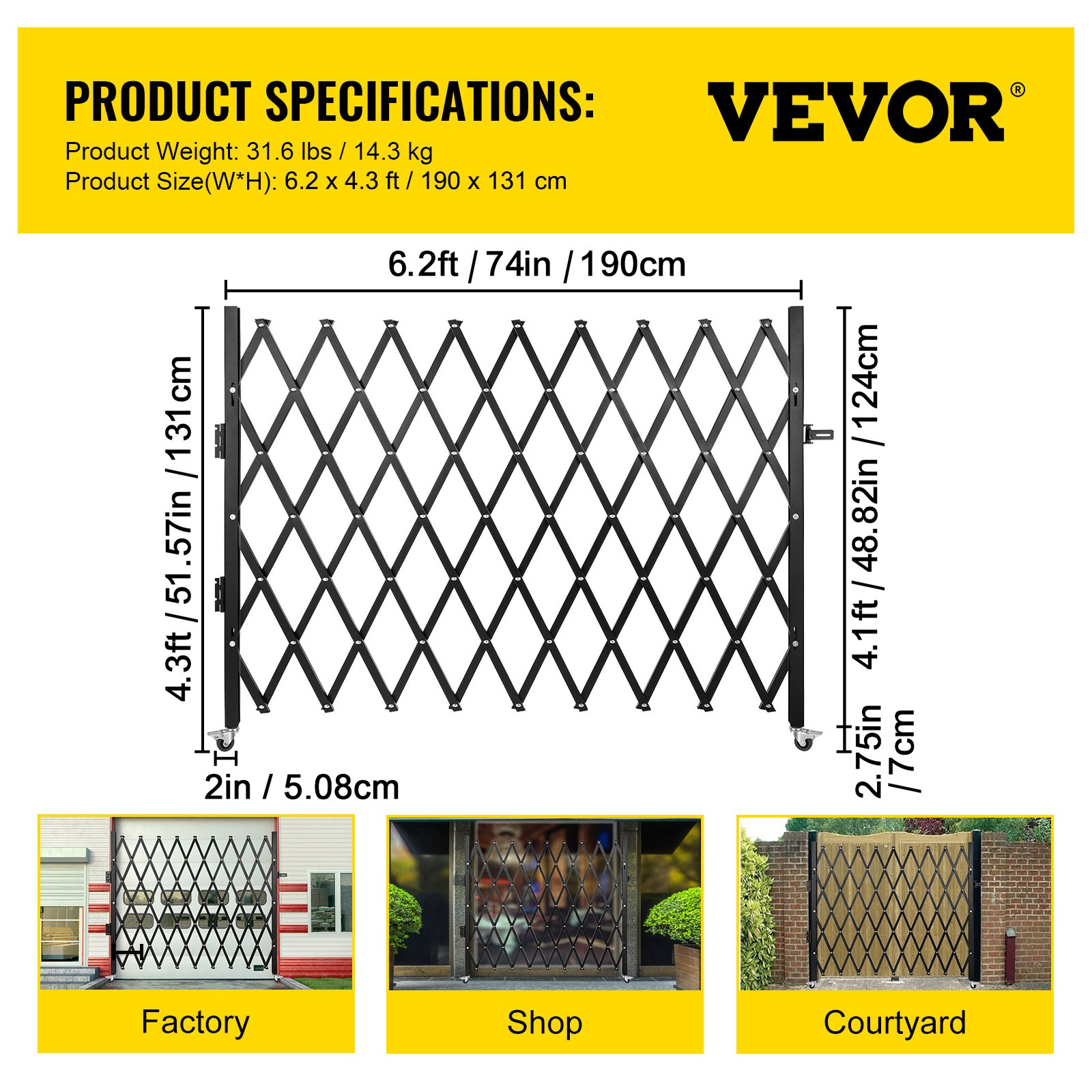VEVOR Single Folding Security Gate, 131.00 x 187.96 cm Folding Door Gate, Steel Accordion Security Gate, Flexible Expanding Security Gate, 360° Rolling Barricade Gate, Scissor Gate or Door with Padlock