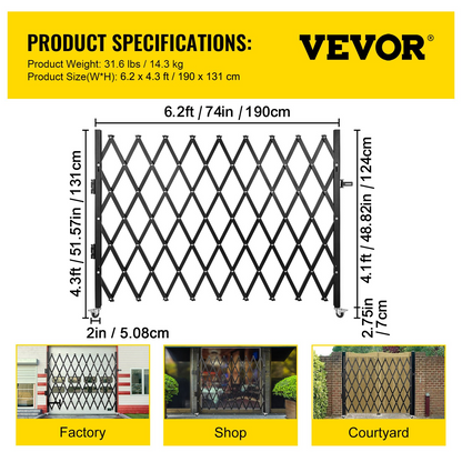 VEVOR Single Folding Security Gate, 131.00 x 187.96 cm Folding Door Gate, Steel Accordion Security Gate, Flexible Expanding Security Gate, 360° Rolling Barricade Gate, Scissor Gate or Door with Padlock