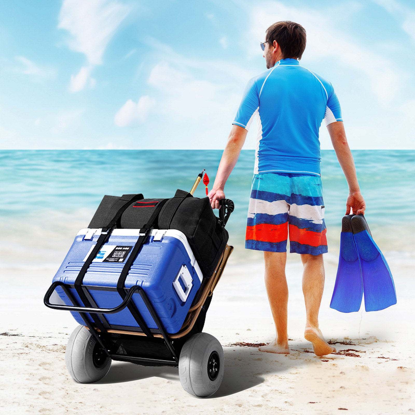 VEVOR Beach Dolly with Big Wheels for Sand, 20.1" x 14.6" Cargo Deck, w/ 9" Balloon Wheels, 165LBS Loading Capacity Folding Sand Cart & 27.2" to 44.9" Adjustable Height, Heavy Duty Cart for Beach