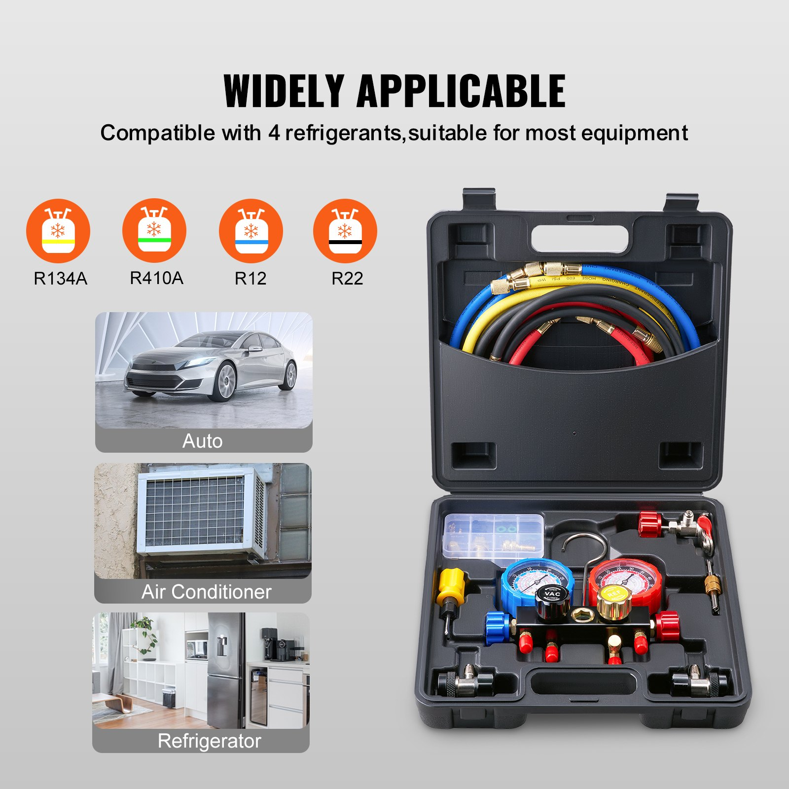 VEVOR 4 Way AC Gauge - AC Manifold Gauge Set for R134A R22 R12 R410A Refrigerant, Freon Gauges with 152.4 cm Hoses, Couplers, Can Tap Works on Car Auto Freon Charging and Evacuation