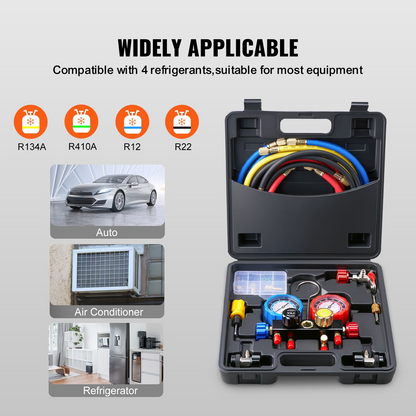 VEVOR 4 Way AC Gauge - AC Manifold Gauge Set for R134A R22 R12 R410A Refrigerant, Freon Gauges with 152.4 cm Hoses, Couplers, Can Tap Works on Car Auto Freon Charging and Evacuation