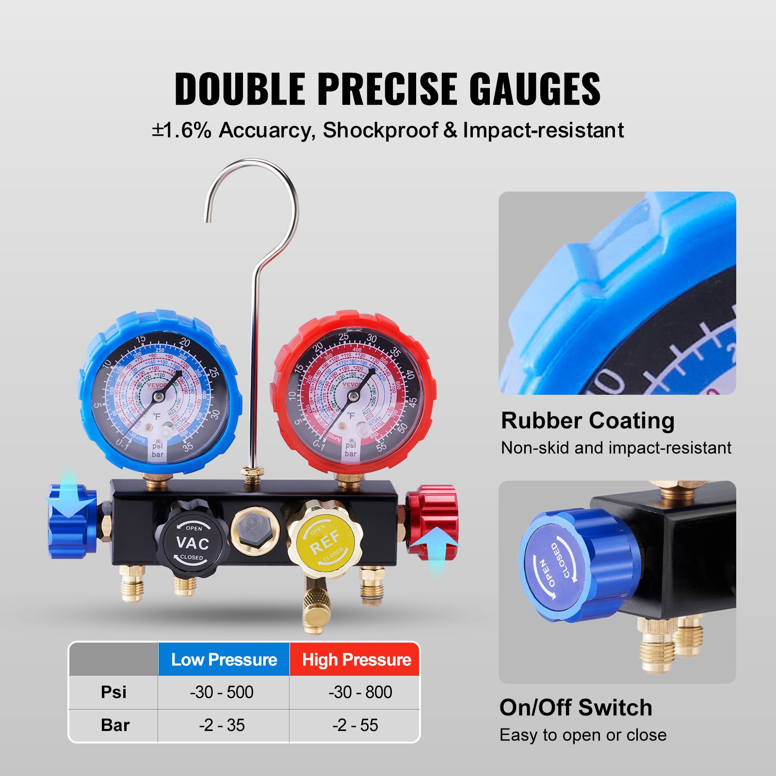 VEVOR 4 Way AC Gauge - AC Manifold Gauge Set for R134A R22 R12 R410A Refrigerant, Freon Gauges with 152.4 cm Hoses, Couplers, Can Tap Works on Car Auto Freon Charging and Evacuation