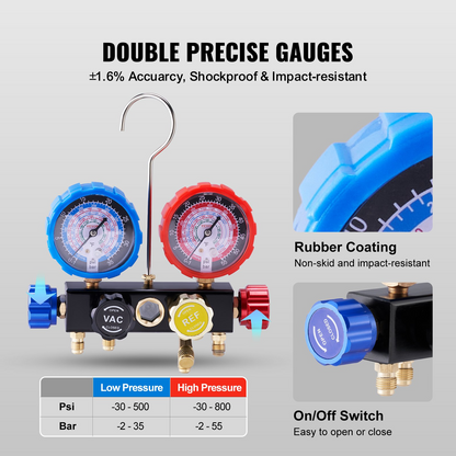 VEVOR 4 Way AC Gauge - AC Manifold Gauge Set for R134A R22 R12 R410A Refrigerant, Freon Gauges with 152.4 cm Hoses, Couplers, Can Tap Works on Car Auto Freon Charging and Evacuation