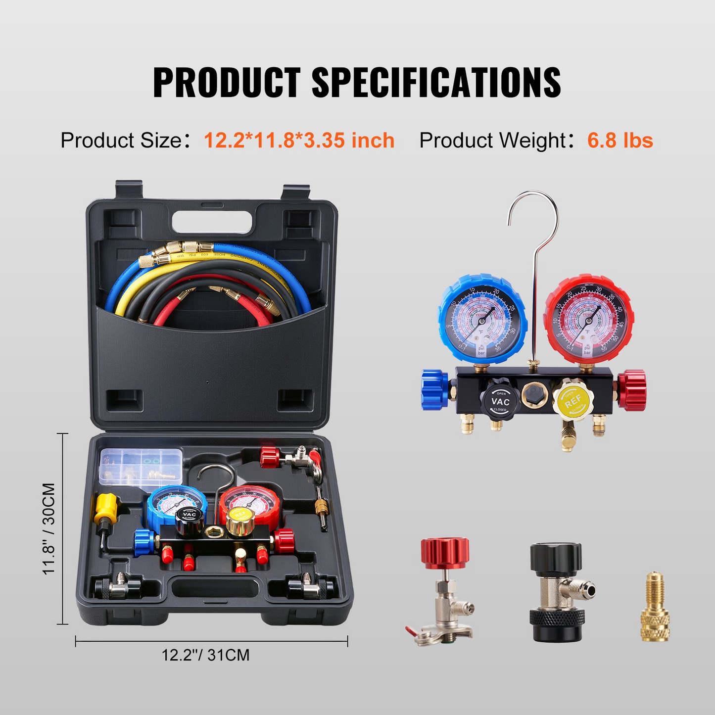 VEVOR 4 Way AC Gauge - AC Manifold Gauge Set for R134A R22 R12 R410A Refrigerant, Freon Gauges with 152.4 cm Hoses, Couplers, Can Tap Works on Car Auto Freon Charging and Evacuation