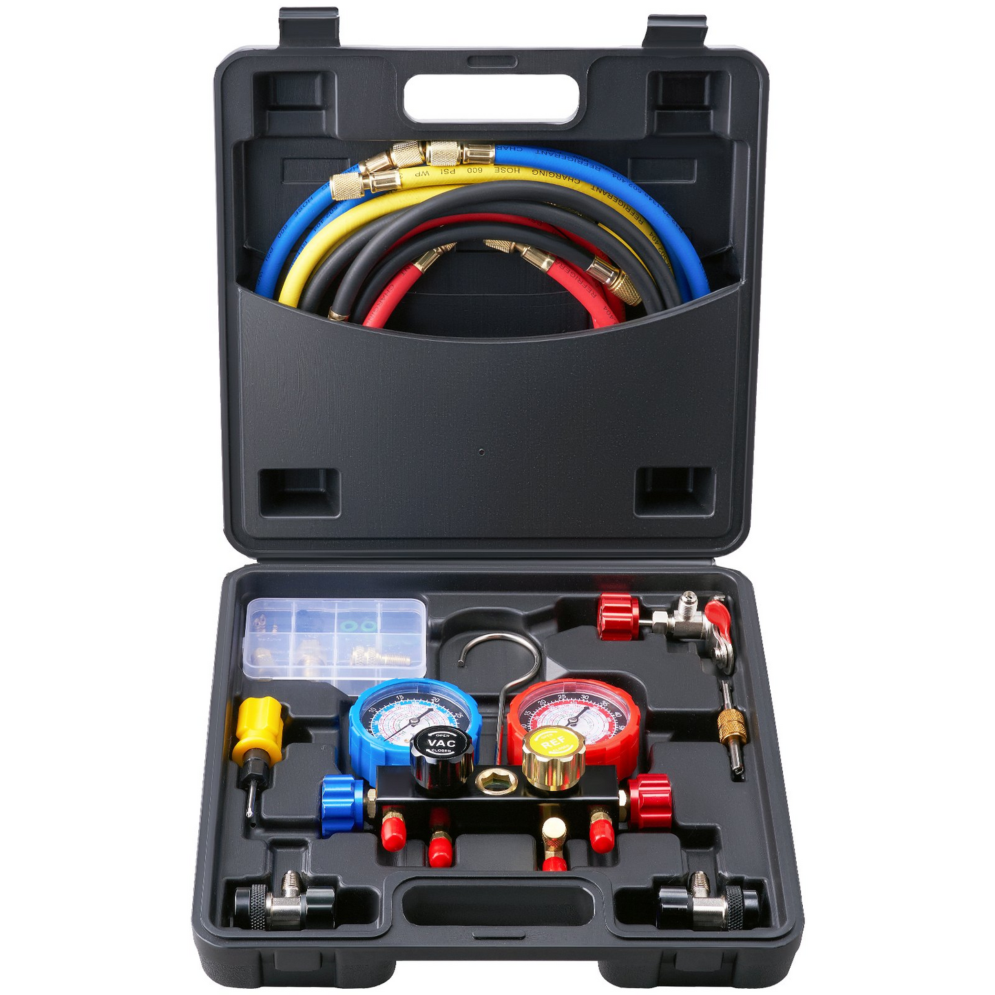 VEVOR 4 Way AC Gauge - AC Manifold Gauge Set for R134A R22 R12 R410A Refrigerant, Freon Gauges with 152.4 cm Hoses, Couplers, Can Tap Works on Car Auto Freon Charging and Evacuation