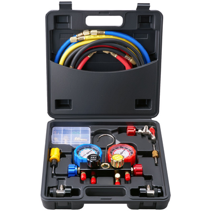 VEVOR 4 Way AC Gauge - AC Manifold Gauge Set for R134A R22 R12 R410A Refrigerant, Freon Gauges with 152.4 cm Hoses, Couplers, Can Tap Works on Car Auto Freon Charging and Evacuation