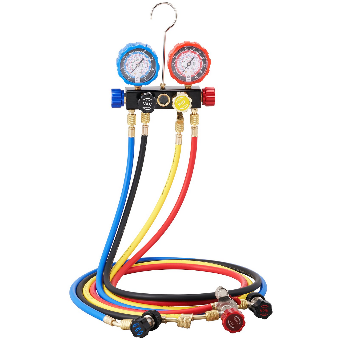 VEVOR 4 Way AC Gauge - AC Manifold Gauge Set for R134A R22 R12 R410A Refrigerant, Freon Gauges with 152.4 cm Hoses, Couplers, Can Tap Works on Car Auto Freon Charging and Evacuation