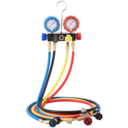 VEVOR 4 Way AC Gauge - AC Manifold Gauge Set for R134A R22 R12 R410A Refrigerant, Freon Gauges with 152.4 cm Hoses, Couplers, Can Tap Works on Car Auto Freon Charging and Evacuation