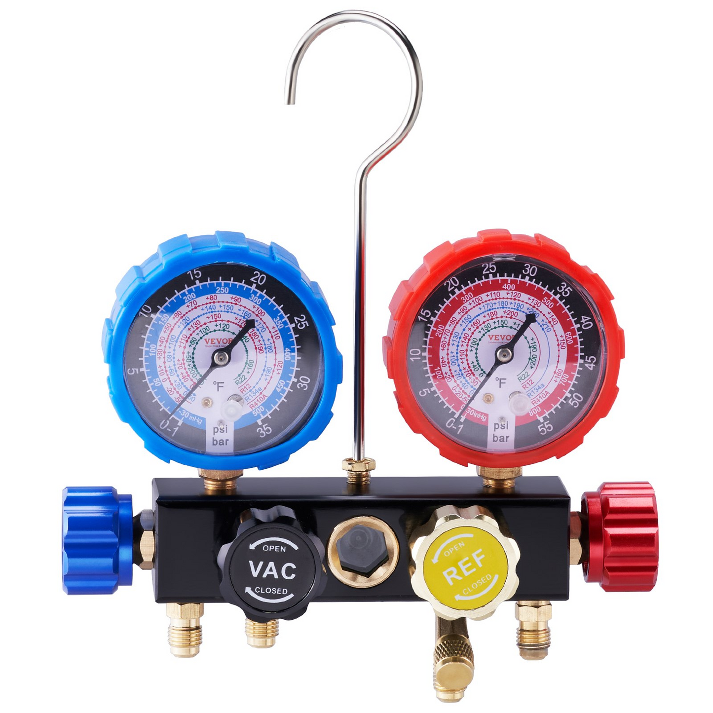 VEVOR 4 Way AC Gauge - AC Manifold Gauge Set for R134A R22 R12 R410A Refrigerant, Freon Gauges with 152.4 cm Hoses, Couplers, Can Tap Works on Car Auto Freon Charging and Evacuation