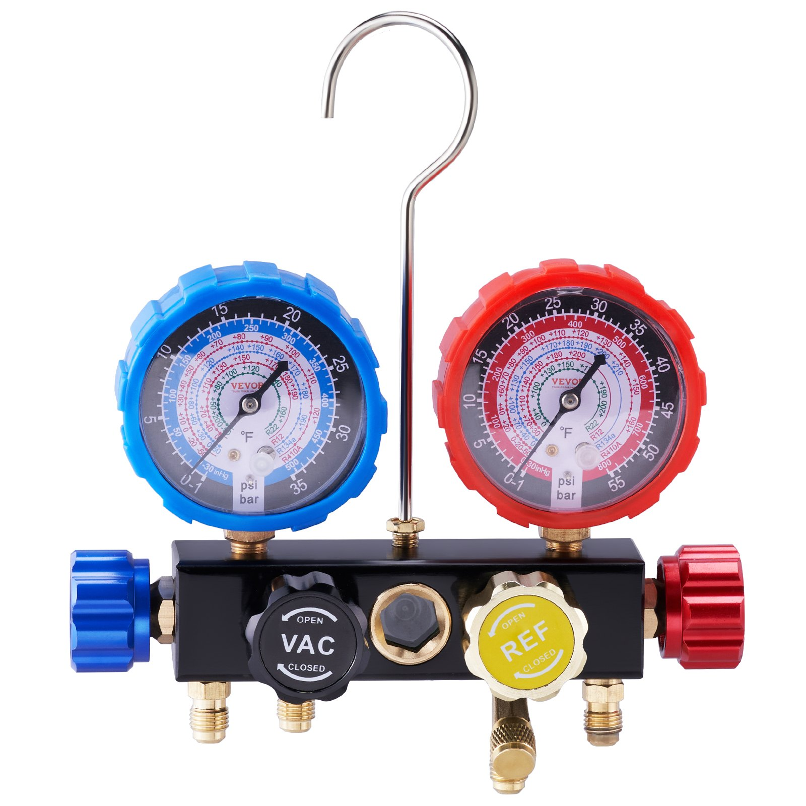 VEVOR 4 Way AC Gauge - AC Manifold Gauge Set for R134A R22 R12 R410A Refrigerant, Freon Gauges with 152.4 cm Hoses, Couplers, Can Tap Works on Car Auto Freon Charging and Evacuation