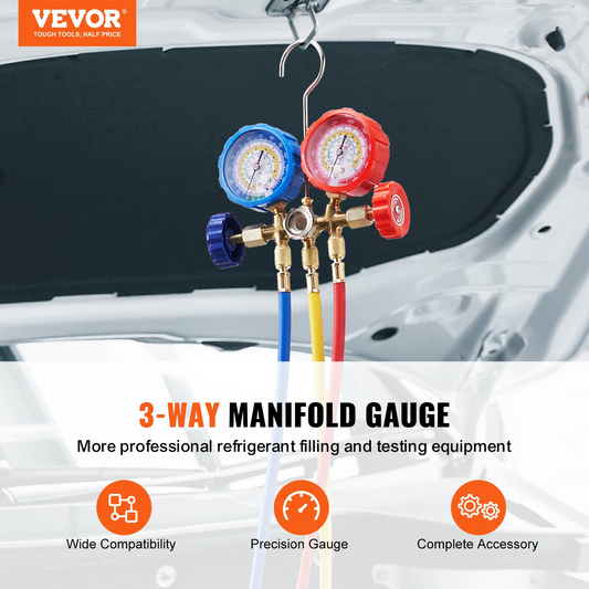 VEVOR 3-Way AC Diagnostic Manifold Gauge Set Fits for R134A, R22, R12, R502 Refrigerant, AC Gauge Set with 152 cm Hoses, Couplers, Can Tap for Car A/C System Automotive Air Conditioning Maintenance
