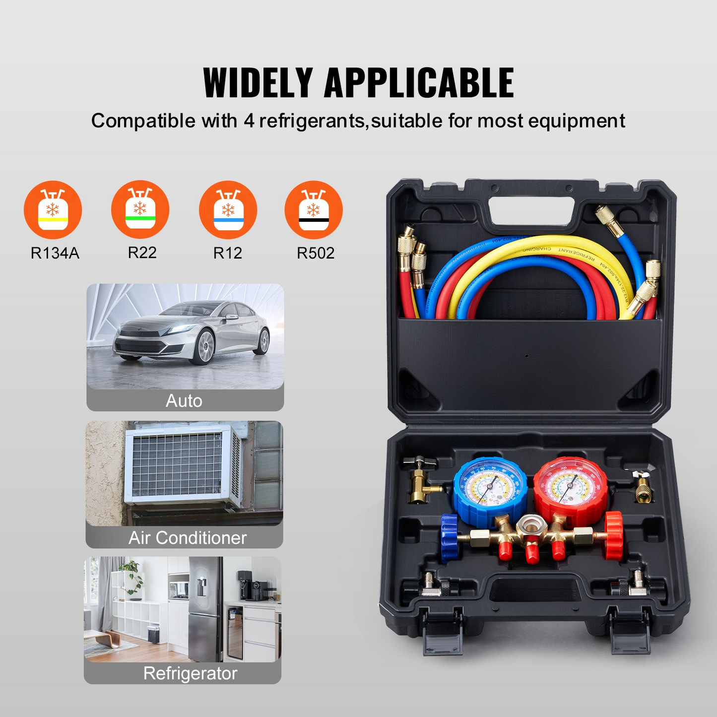 VEVOR 3-Way AC Diagnostic Manifold Gauge Set Fits for R134A, R22, R12, R502 Refrigerant, AC Gauge Set with 152 cm Hoses, Couplers, Can Tap for Car A/C System Automotive Air Conditioning Maintenance