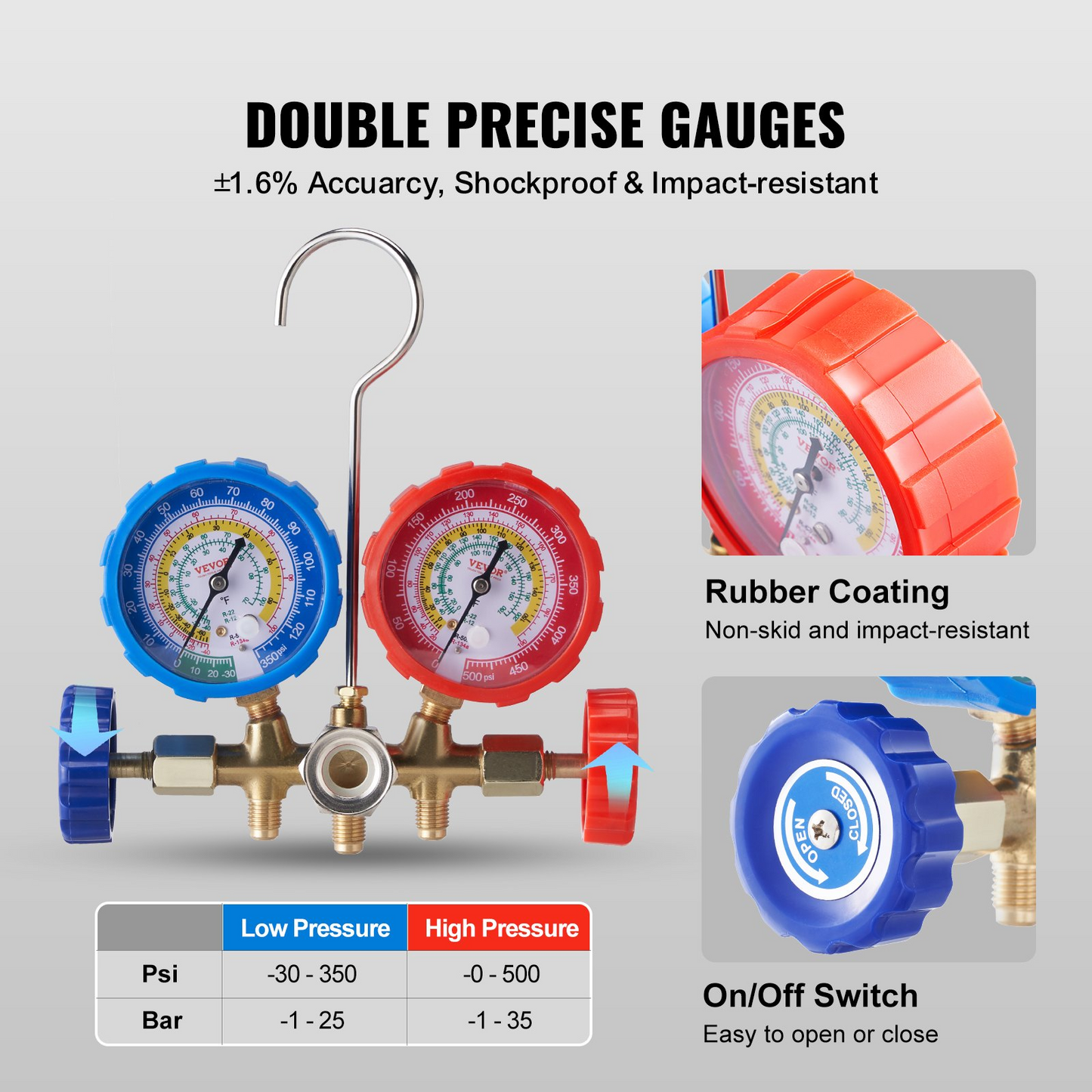 VEVOR 3-Way AC Diagnostic Manifold Gauge Set Fits for R134A, R22, R12, R502 Refrigerant, AC Gauge Set with 152 cm Hoses, Couplers, Can Tap for Car A/C System Automotive Air Conditioning Maintenance