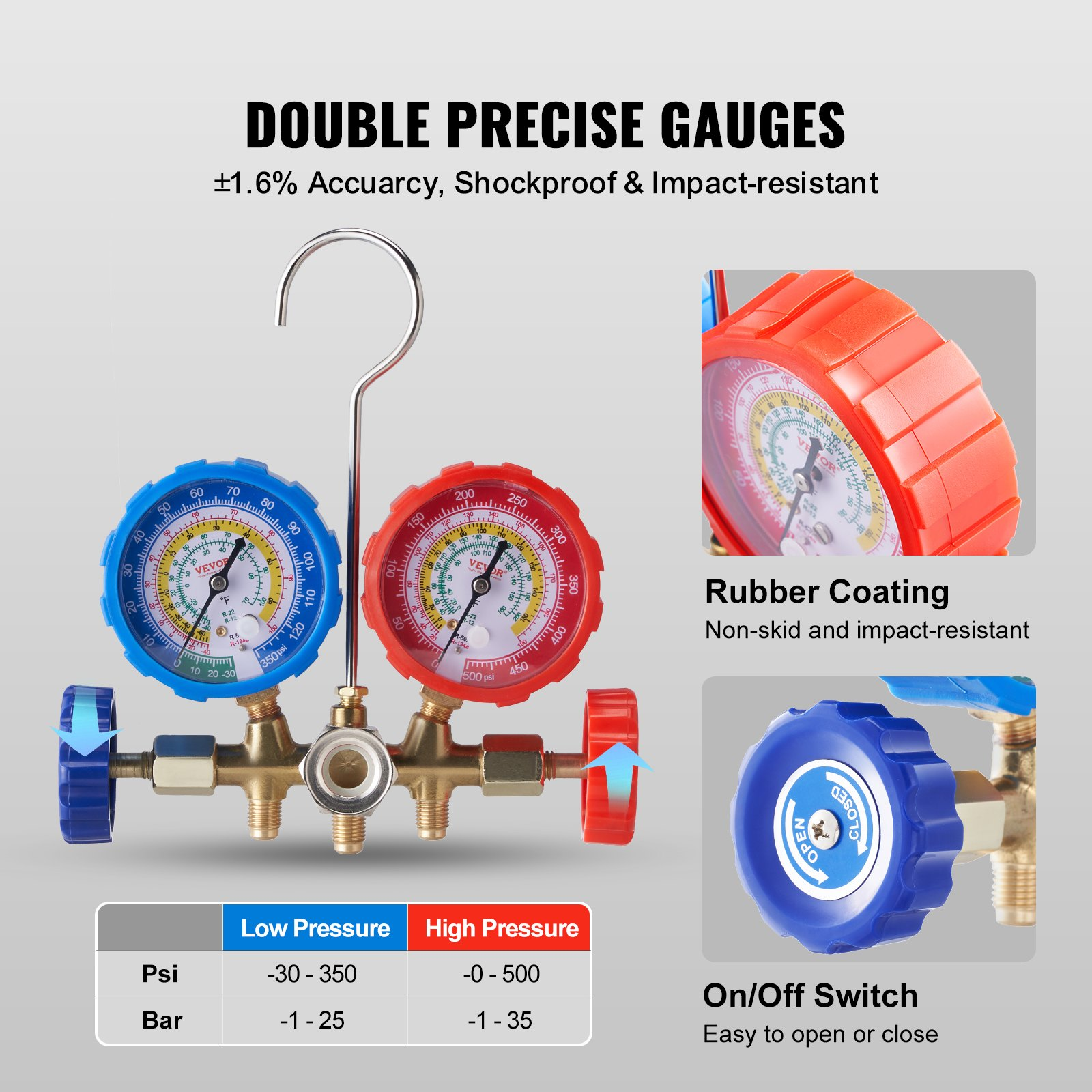 VEVOR 3-Way AC Diagnostic Manifold Gauge Set Fits for R134A, R22, R12, R502 Refrigerant, AC Gauge Set with 152 cm Hoses, Couplers, Can Tap for Car A/C System Automotive Air Conditioning Maintenance