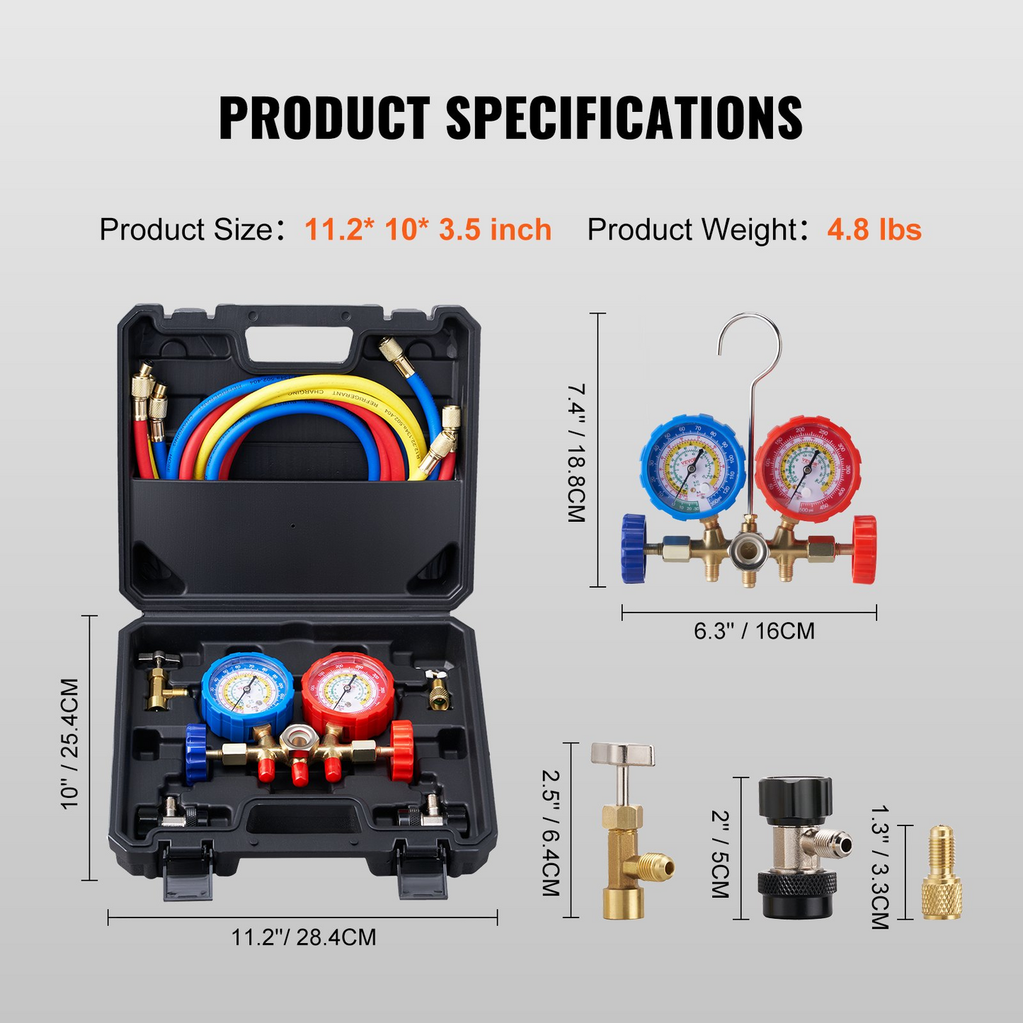 VEVOR 3-Way AC Diagnostic Manifold Gauge Set Fits for R134A, R22, R12, R502 Refrigerant, AC Gauge Set with 152 cm Hoses, Couplers, Can Tap for Car A/C System Automotive Air Conditioning Maintenance