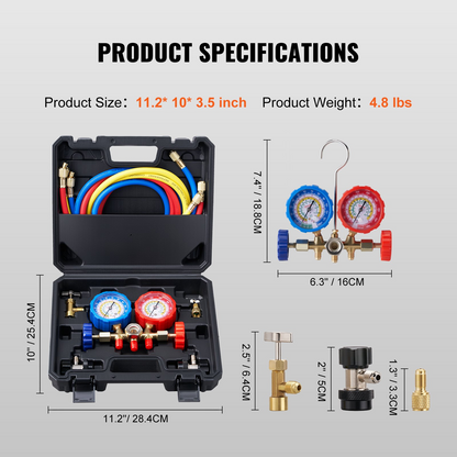 VEVOR 3-Way AC Diagnostic Manifold Gauge Set Fits for R134A, R22, R12, R502 Refrigerant, AC Gauge Set with 152 cm Hoses, Couplers, Can Tap for Car A/C System Automotive Air Conditioning Maintenance