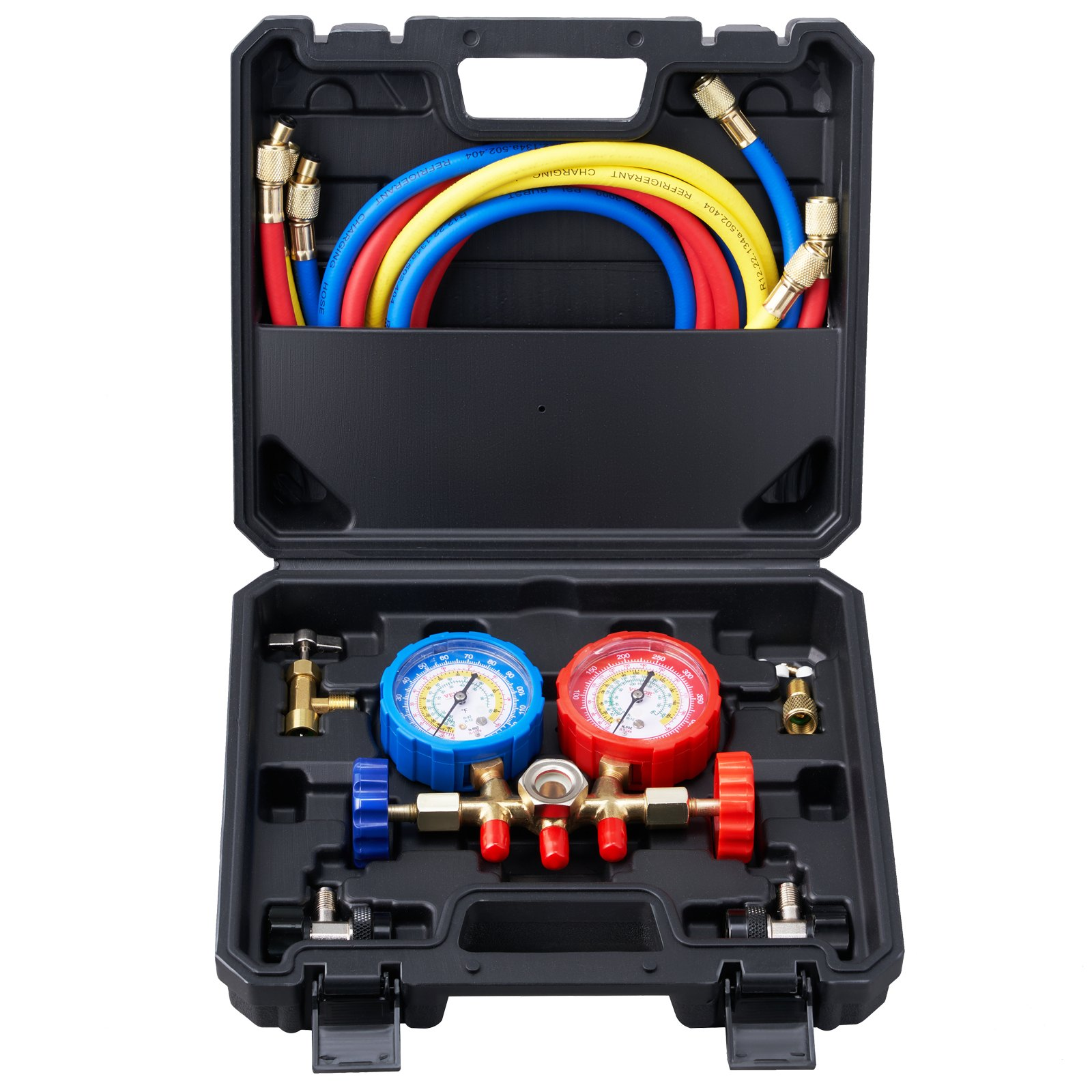 VEVOR 3-Way AC Diagnostic Manifold Gauge Set Fits for R134A, R22, R12, R502 Refrigerant, AC Gauge Set with 152 cm Hoses, Couplers, Can Tap for Car A/C System Automotive Air Conditioning Maintenance