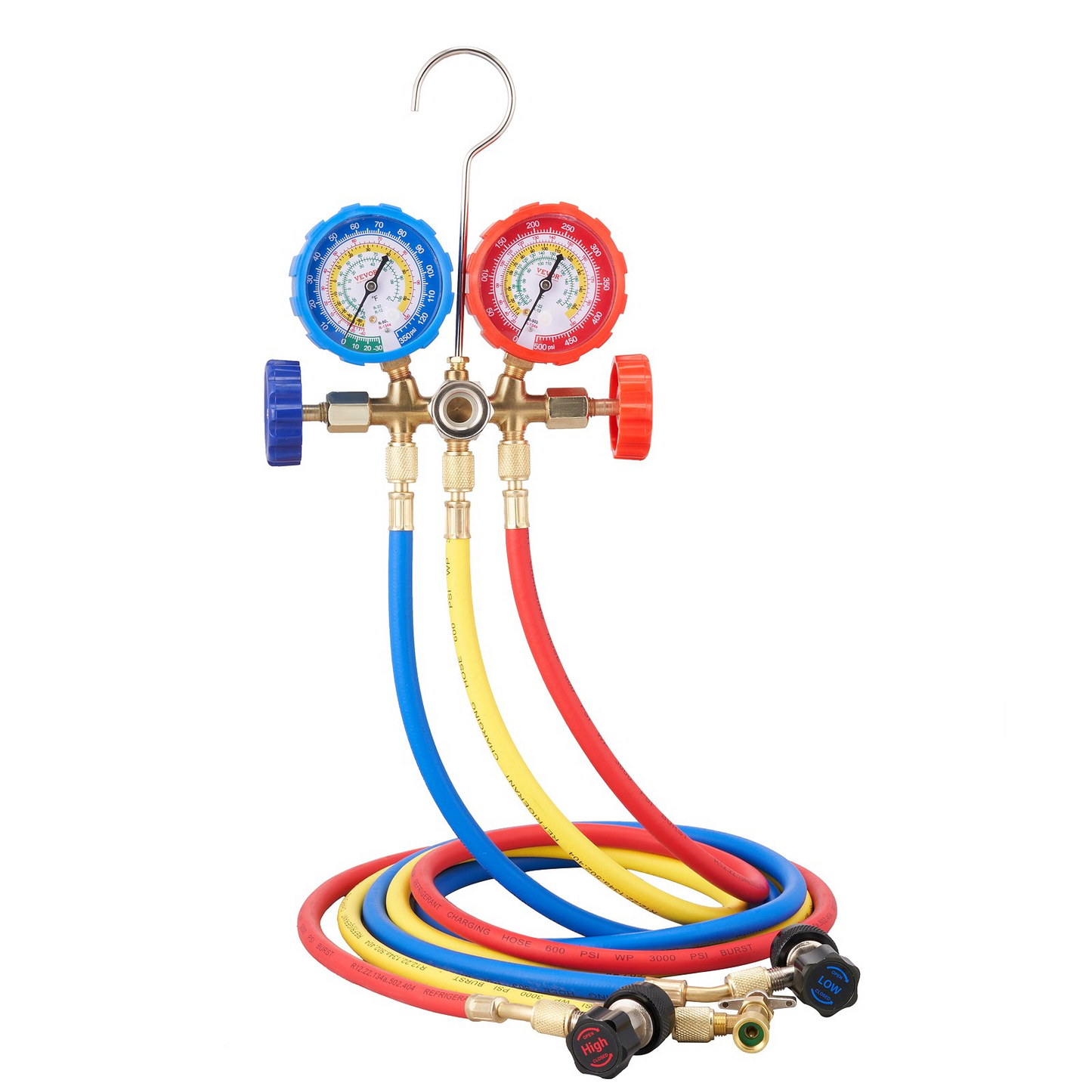 VEVOR 3-Way AC Diagnostic Manifold Gauge Set Fits for R134A, R22, R12, R502 Refrigerant, AC Gauge Set with 152 cm Hoses, Couplers, Can Tap for Car A/C System Automotive Air Conditioning Maintenance