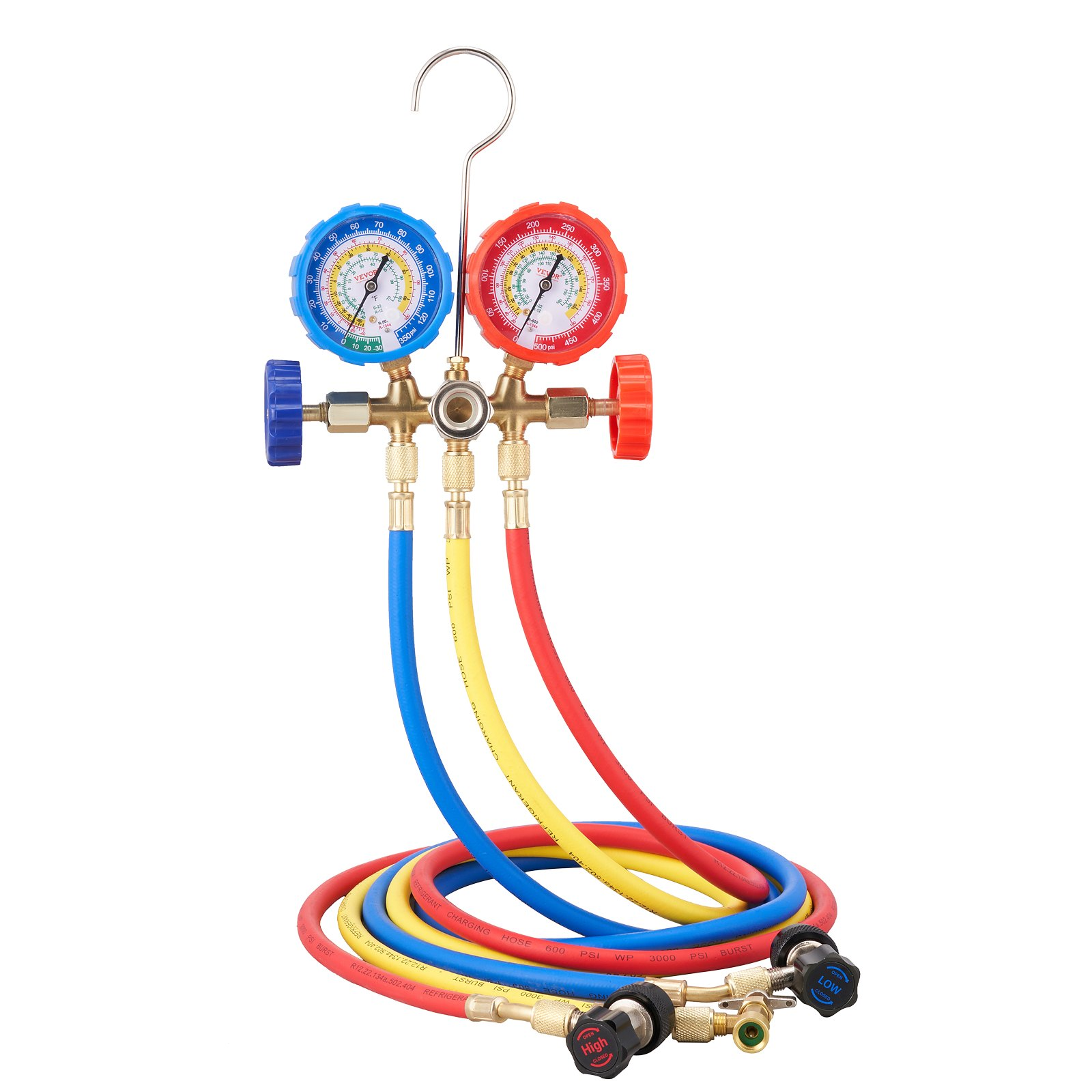 VEVOR 3-Way AC Diagnostic Manifold Gauge Set Fits for R134A, R22, R12, R502 Refrigerant, AC Gauge Set with 152 cm Hoses, Couplers, Can Tap for Car A/C System Automotive Air Conditioning Maintenance