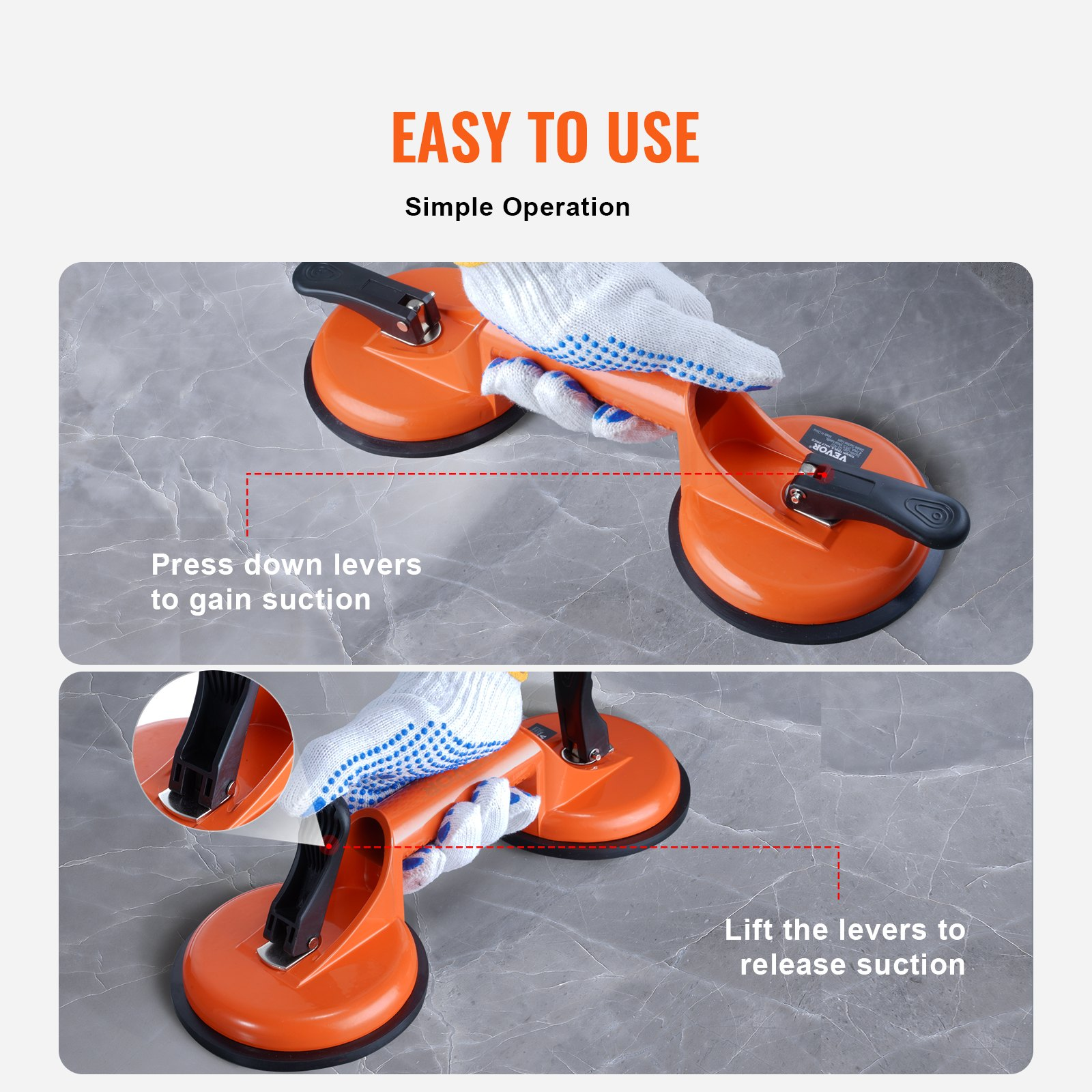 VEVOR Glass Suction Cup, 11.9 cm 2 Pack 149.7 kg Load Capacity, Vacuum Suction Cup with Aluminum Handle, Heavy Duty Industrial Suction Cup Lifter Tool for Glass, Granite, Tile, Metal, Wood Panel Lifting