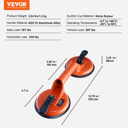 VEVOR Glass Suction Cup, 11.9 cm 2 Pack 149.7 kg Load Capacity, Vacuum Suction Cup with Aluminum Handle, Heavy Duty Industrial Suction Cup Lifter Tool for Glass, Granite, Tile, Metal, Wood Panel Lifting