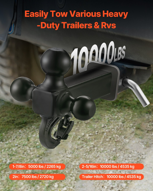 VEVOR Trailer Hitch 2" Receiver 1-7/8" & 2" & 2-5/16" Tri-Ball Hitch with Hook