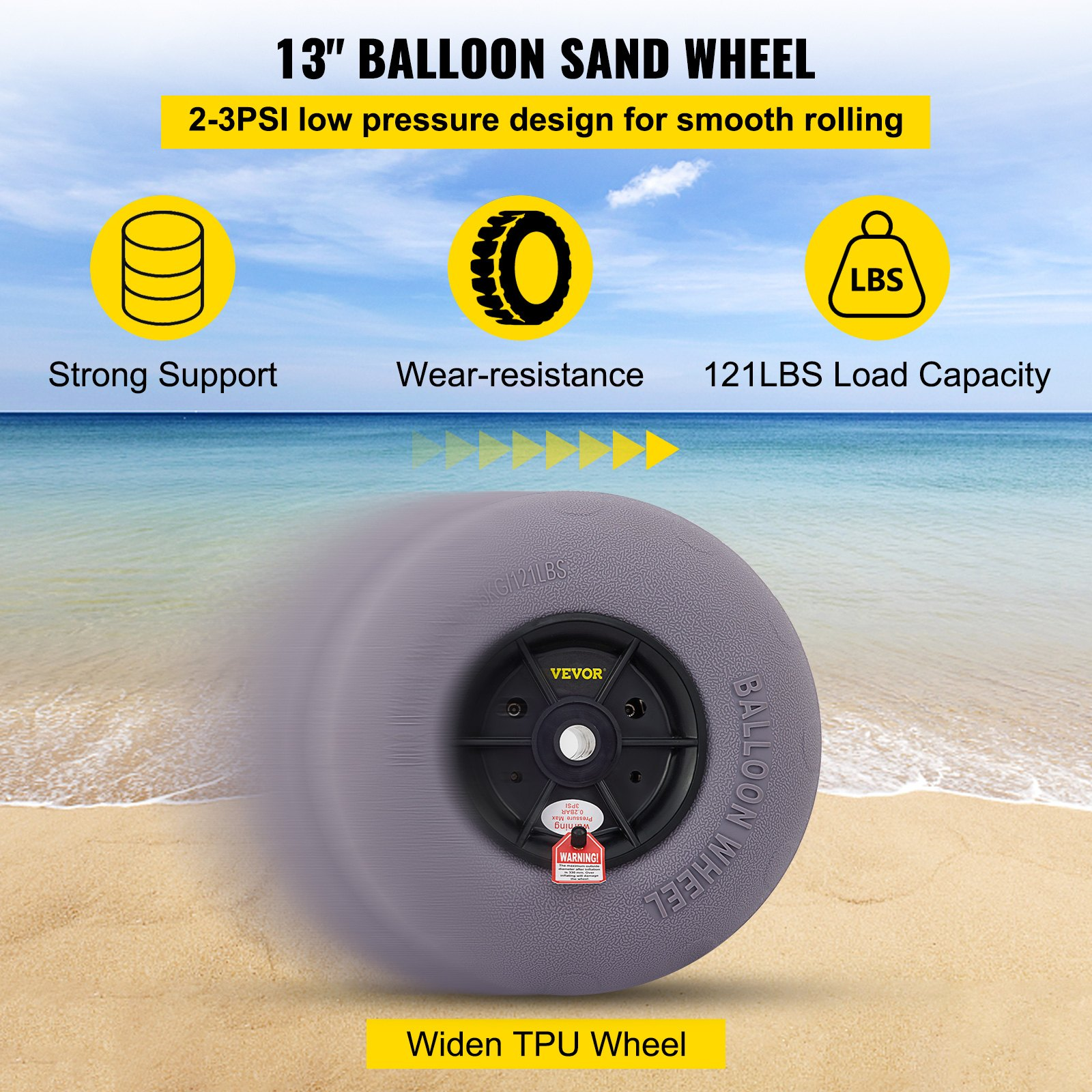 VEVOR Beach Balloon Wheels, 33 cm Replacement Sand Tires, TPU Cart Tires for Kayak Dolly, Canoe Cart and Buggy w/ Free Air Pump, 2-Pack