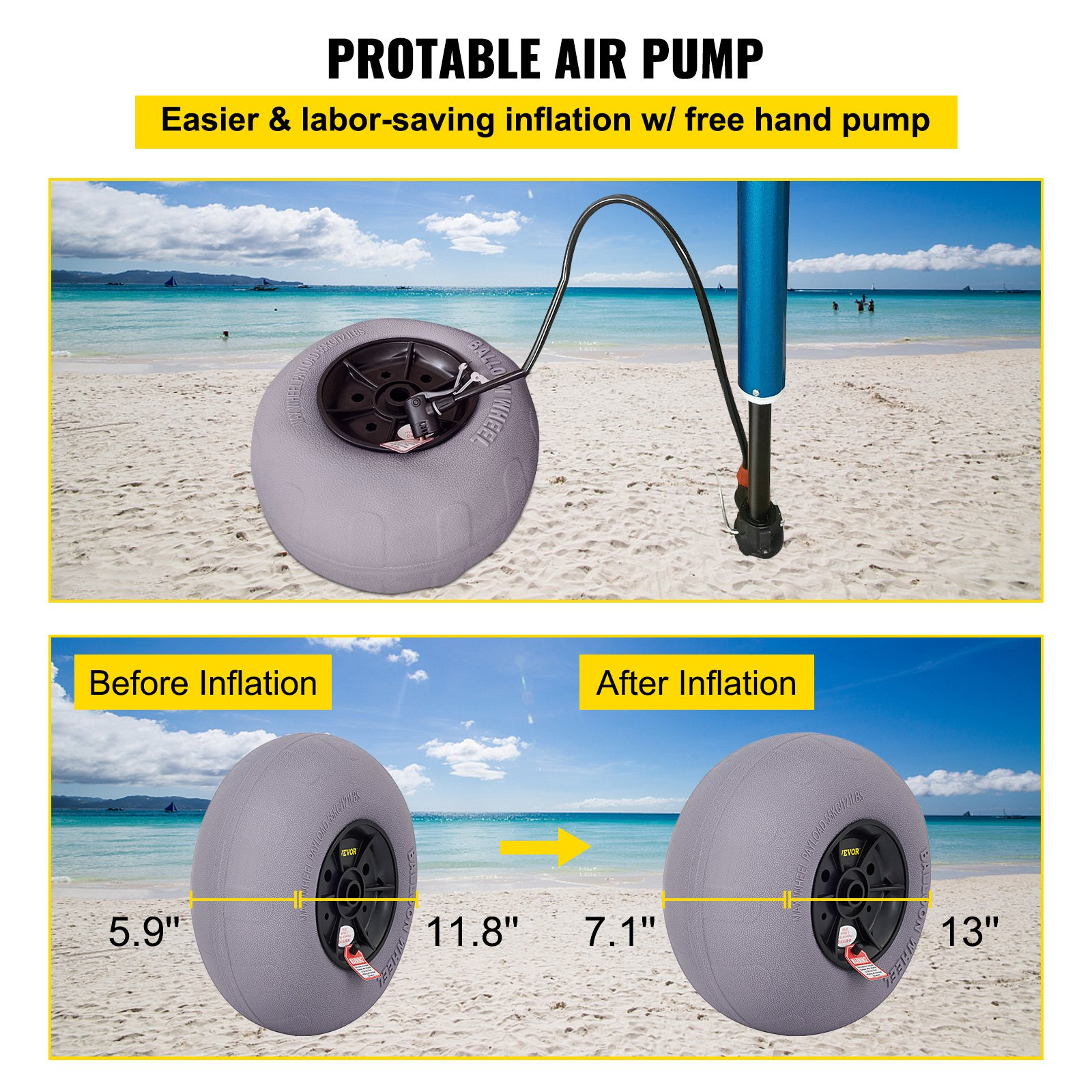 VEVOR Beach Balloon Wheels, 33 cm Replacement Sand Tires, TPU Cart Tires for Kayak Dolly, Canoe Cart and Buggy w/ Free Air Pump, 2-Pack