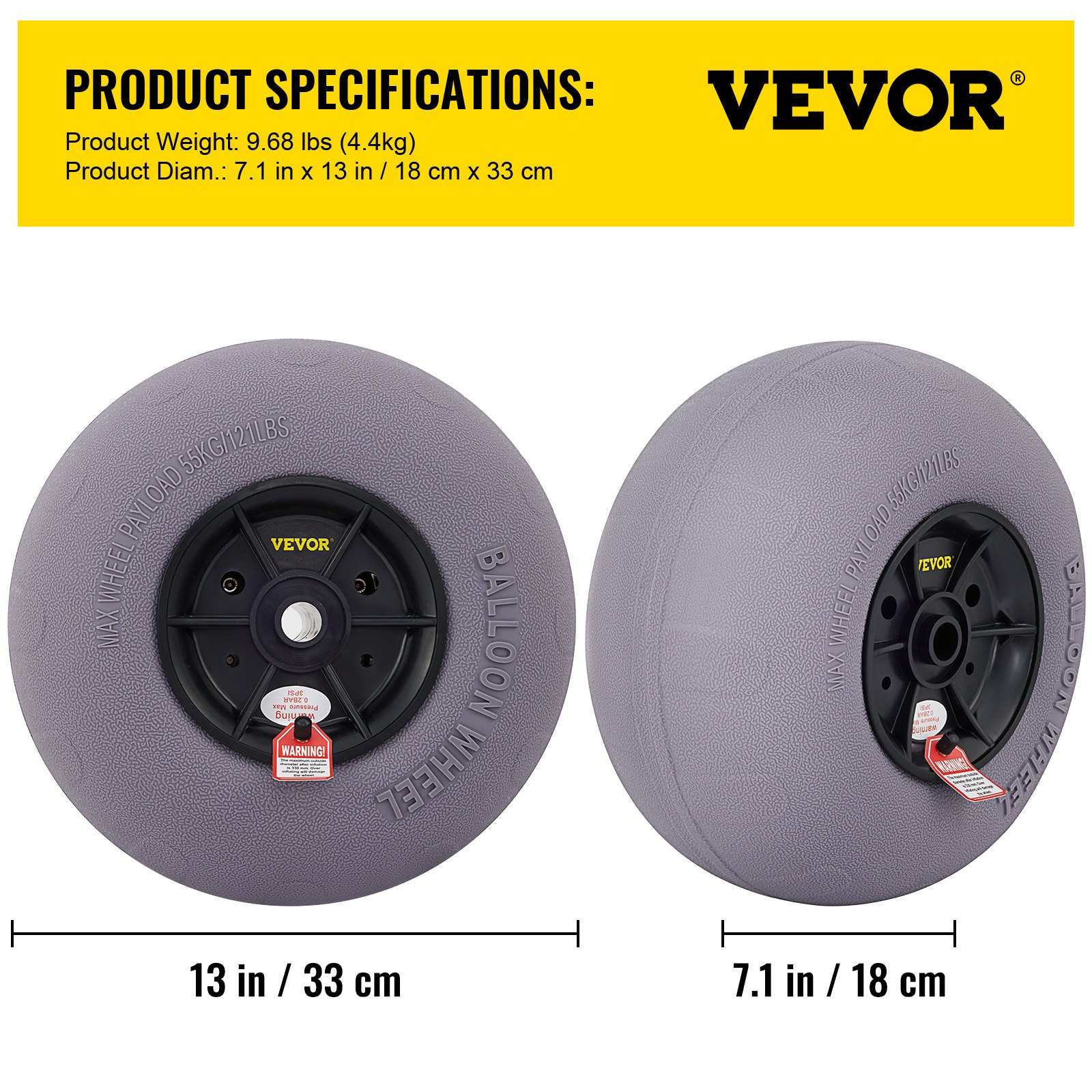 VEVOR Beach Balloon Wheels, 33 cm Replacement Sand Tires, TPU Cart Tires for Kayak Dolly, Canoe Cart and Buggy w/ Free Air Pump, 2-Pack