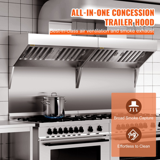 VEVOR Commercial Exhaust Hood, 2.74 m Food Truck Hood Exhaust, 201 Stainless Steel Concession Trailer Hood with 4 Detachable U-shaped Grid Oil Filter Mesh, Rust Resistant Vent Hood for Kitchen Restaurant