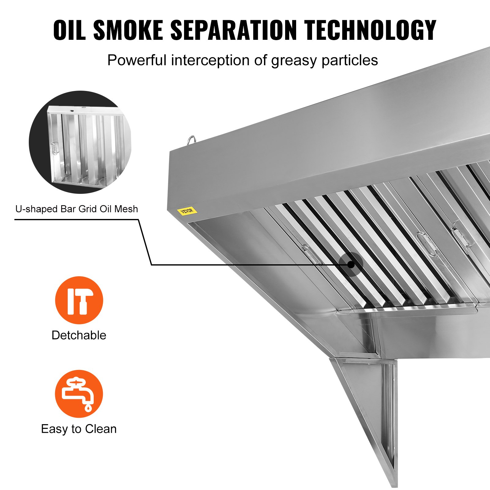 VEVOR Commercial Exhaust Hood, 2.74 m Food Truck Hood Exhaust, 201 Stainless Steel Concession Trailer Hood with 4 Detachable U-shaped Grid Oil Filter Mesh, Rust Resistant Vent Hood for Kitchen Restaurant