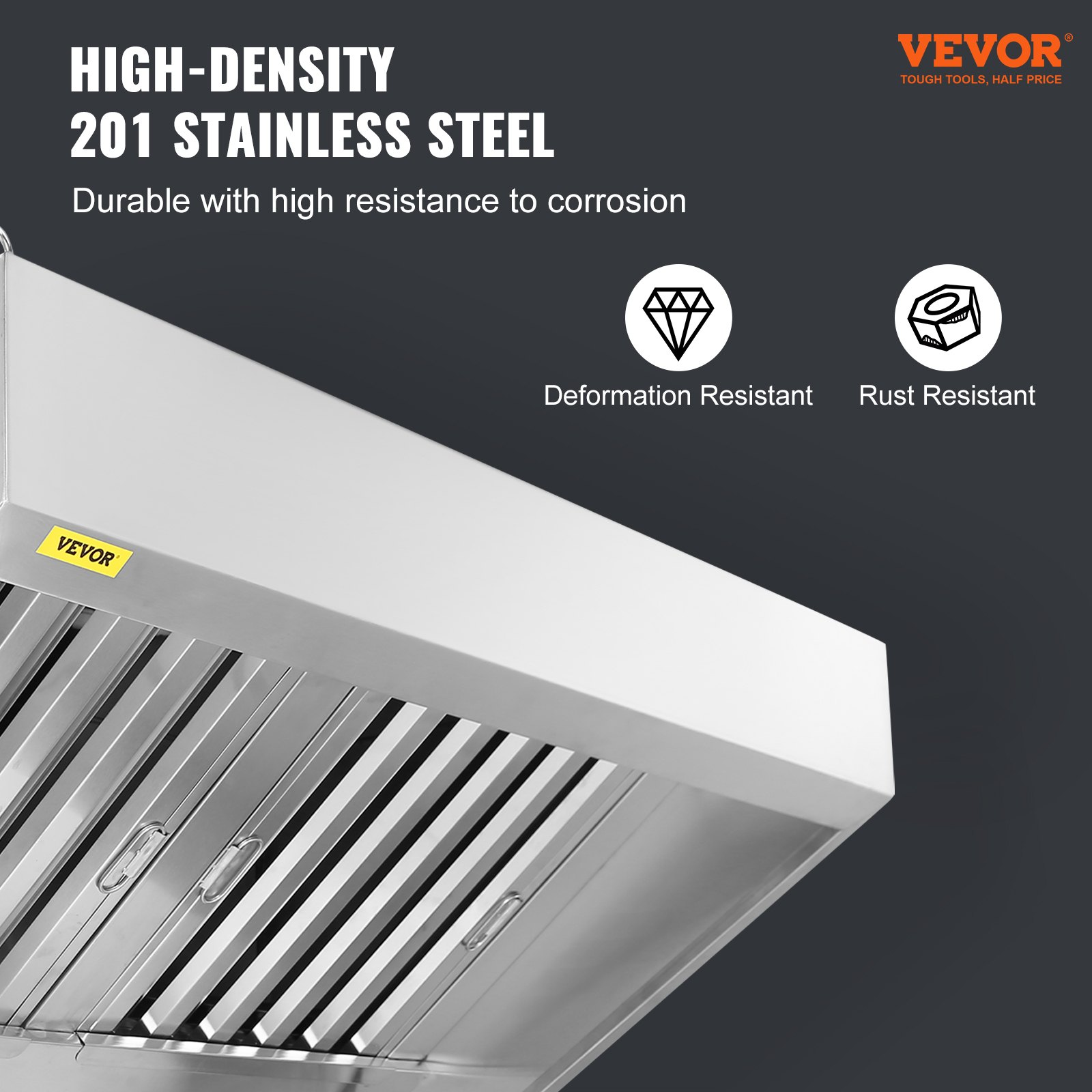 VEVOR Commercial Exhaust Hood, 2.74 m Food Truck Hood Exhaust, 201 Stainless Steel Concession Trailer Hood with 4 Detachable U-shaped Grid Oil Filter Mesh, Rust Resistant Vent Hood for Kitchen Restaurant