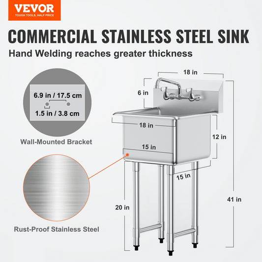 VEVOR Stainless Steel Prep & Utility Sink, 1 Compartment Free Standing Small Sink Include Faucet & legs, 45.7 x 104.1 cm Commercial Single Bowl Sinks for Garage, Restaurant, Kitchen, Laundry, NSF Certified