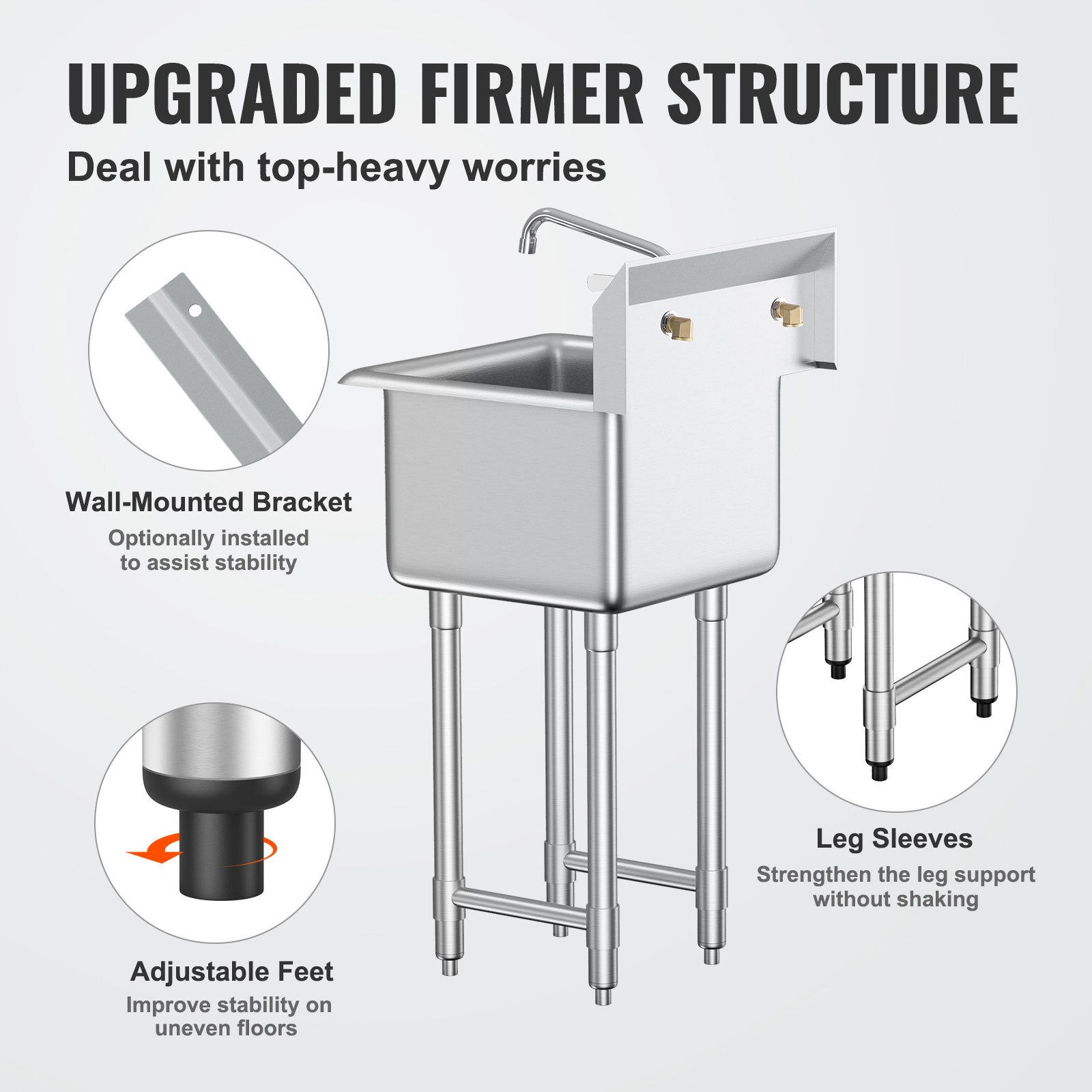 VEVOR Stainless Steel Prep & Utility Sink, 1 Compartment Free Standing Small Sink Include Faucet & legs, 45.7 x 104.1 cm Commercial Single Bowl Sinks for Garage, Restaurant, Kitchen, Laundry, NSF Certified