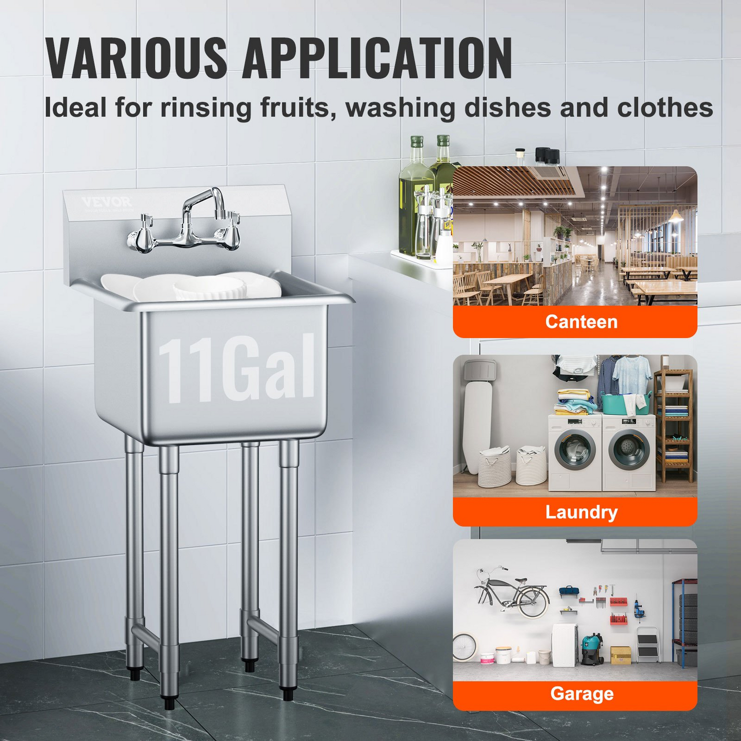 VEVOR Stainless Steel Prep & Utility Sink, 1 Compartment Free Standing Small Sink Include Faucet & legs, 45.7 x 104.1 cm Commercial Single Bowl Sinks for Garage, Restaurant, Kitchen, Laundry, NSF Certified