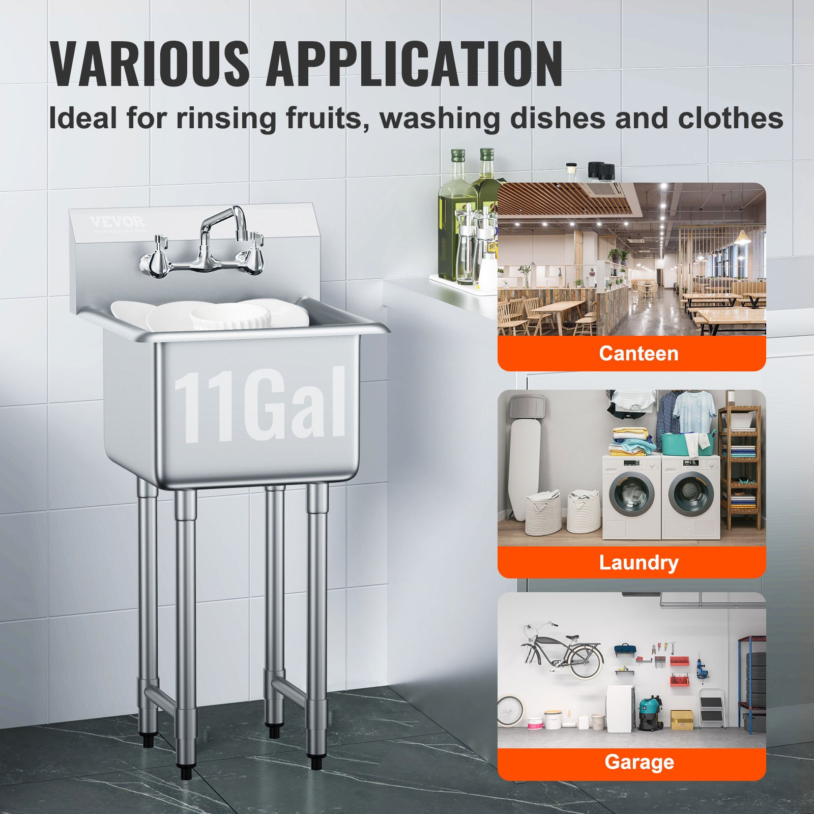 VEVOR Stainless Steel Prep & Utility Sink, 1 Compartment Free Standing Small Sink Include Faucet & legs, 45.7 x 104.1 cm Commercial Single Bowl Sinks for Garage, Restaurant, Kitchen, Laundry, NSF Certified