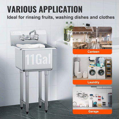 VEVOR Stainless Steel Prep & Utility Sink, 1 Compartment Free Standing Small Sink Include Faucet & legs, 45.7 x 104.1 cm Commercial Single Bowl Sinks for Garage, Restaurant, Kitchen, Laundry, NSF Certified