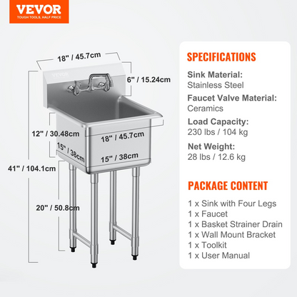 VEVOR Stainless Steel Prep & Utility Sink, 1 Compartment Free Standing Small Sink Include Faucet & legs, 45.7 x 104.1 cm Commercial Single Bowl Sinks for Garage, Restaurant, Kitchen, Laundry, NSF Certified