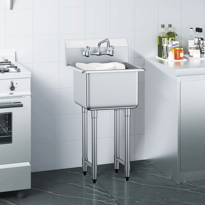 VEVOR Stainless Steel Prep & Utility Sink, 1 Compartment Free Standing Small Sink Include Faucet & legs, 45.7 x 104.1 cm Commercial Single Bowl Sinks for Garage, Restaurant, Kitchen, Laundry, NSF Certified