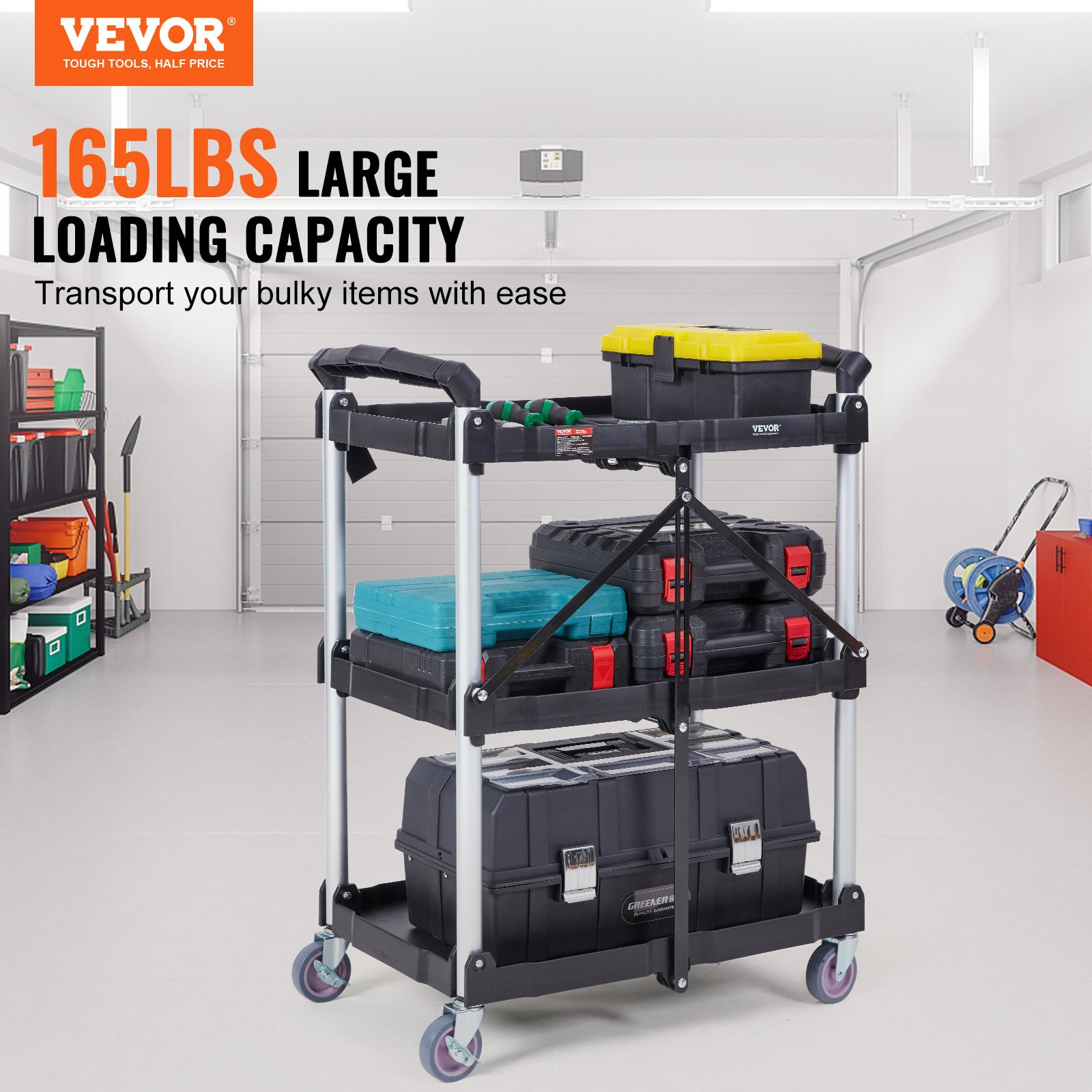 VEVOR Foldable Utility Service Cart, 3 Shelf 74.8 kg Heavy Duty Plastic Rolling Cart with Lockable Wheels, Ergonomic Handle, Portable Garage Tool Cart for Warehouse/Office/Home(65.1x39.2x83.2 cm)
