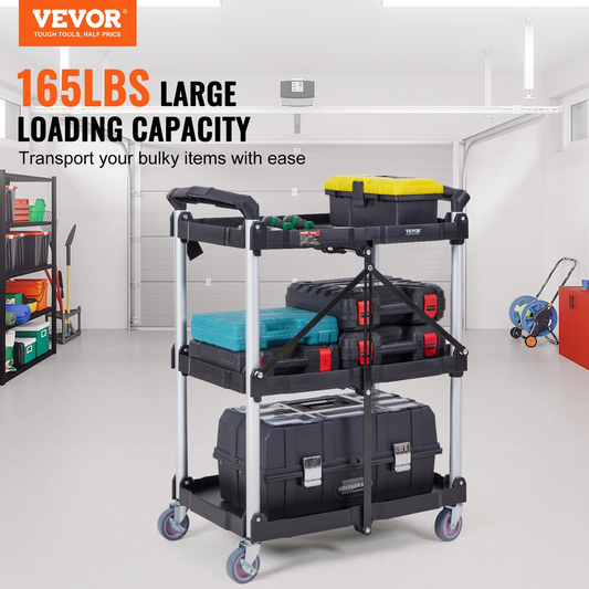 VEVOR Foldable Utility Service Cart, 3 Shelf 74.8 kg Heavy Duty Plastic Rolling Cart with Lockable Wheels, Ergonomic Handle, Portable Garage Tool Cart for Warehouse/Office/Home(65.1x39.2x83.2 cm)