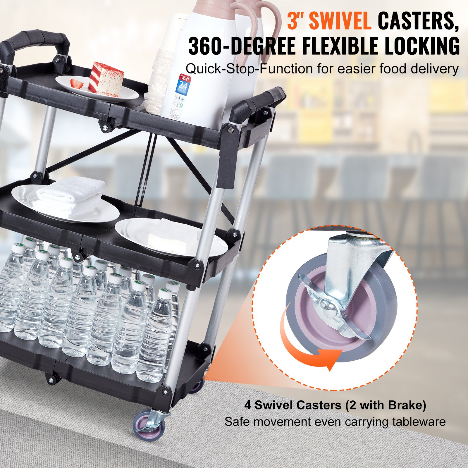 VEVOR Foldable Utility Service Cart, 3 Shelf 74.8 kg Heavy Duty Plastic Rolling Cart with Lockable Wheels, Ergonomic Handle, Portable Garage Tool Cart for Warehouse/Office/Home(65.1x39.2x83.2 cm)