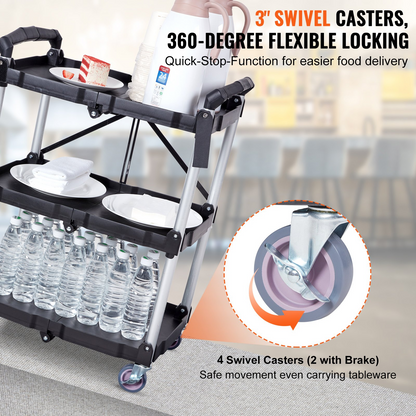 VEVOR Foldable Utility Service Cart, 3 Shelf 74.8 kg Heavy Duty Plastic Rolling Cart with Lockable Wheels, Ergonomic Handle, Portable Garage Tool Cart for Warehouse/Office/Home(65.1x39.2x83.2 cm)